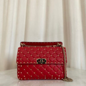 Valentino Red Spike Medium Studded Top Handle Bag W/ Silver Chain