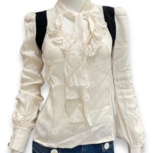 Lavalliere Collar 34 White Blouse in Silk, Gold hardware