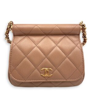 Quilted Frame Clutch-On-Chain 14x12x5.5cm Dark Beige Crossbody Bag in Caviar Leather, Gold hardware