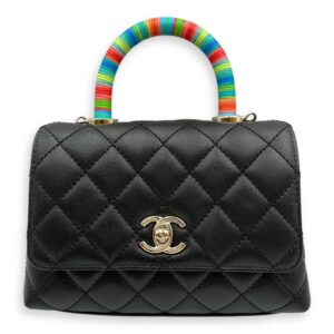 Quilted Coco Handle with Rainbow Handle Mini Black Crossbody Bag in Calfskin, Gold hardware