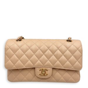 Medium Classic 27 Beige Shoulder Bag in Caviar, Gold hardware