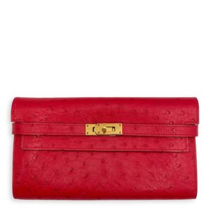 Kelly Rouge Vif Wallet in Ostrich, Gold hardware