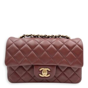 Rectangular Mini Burgundy Flap Bag in Lambskin, Gold hardware