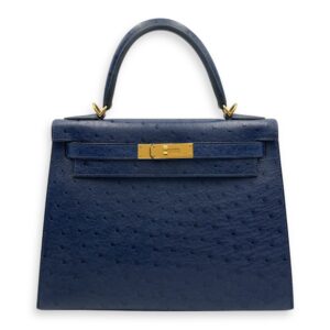 HSS Sellier Kelly 28 Iris/Jaune Ambre in Ostrich, Gold hardware