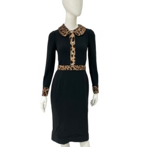 Long Sleeved with Leopard Trim Cady Dress 38 Black Ready-To-Wear in Viscose, Silver hardware