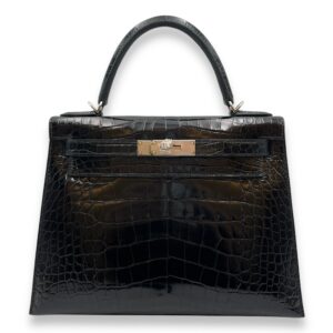 Sellier Kelly 28 Black in Shiny Alligator, Palladium hardware