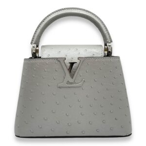 Capucines Mini Grey Top Handle Bag in Ostrich, Silver hardware