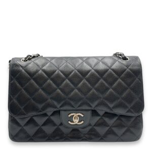 Quilted CC Jumbo Black Double Flap Bag in Caviar Leather, Silver hardware