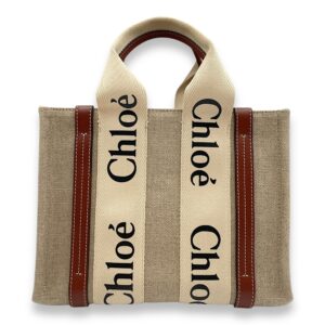 Woody Small Beige Tote Bag in Canvas, Gold hardware