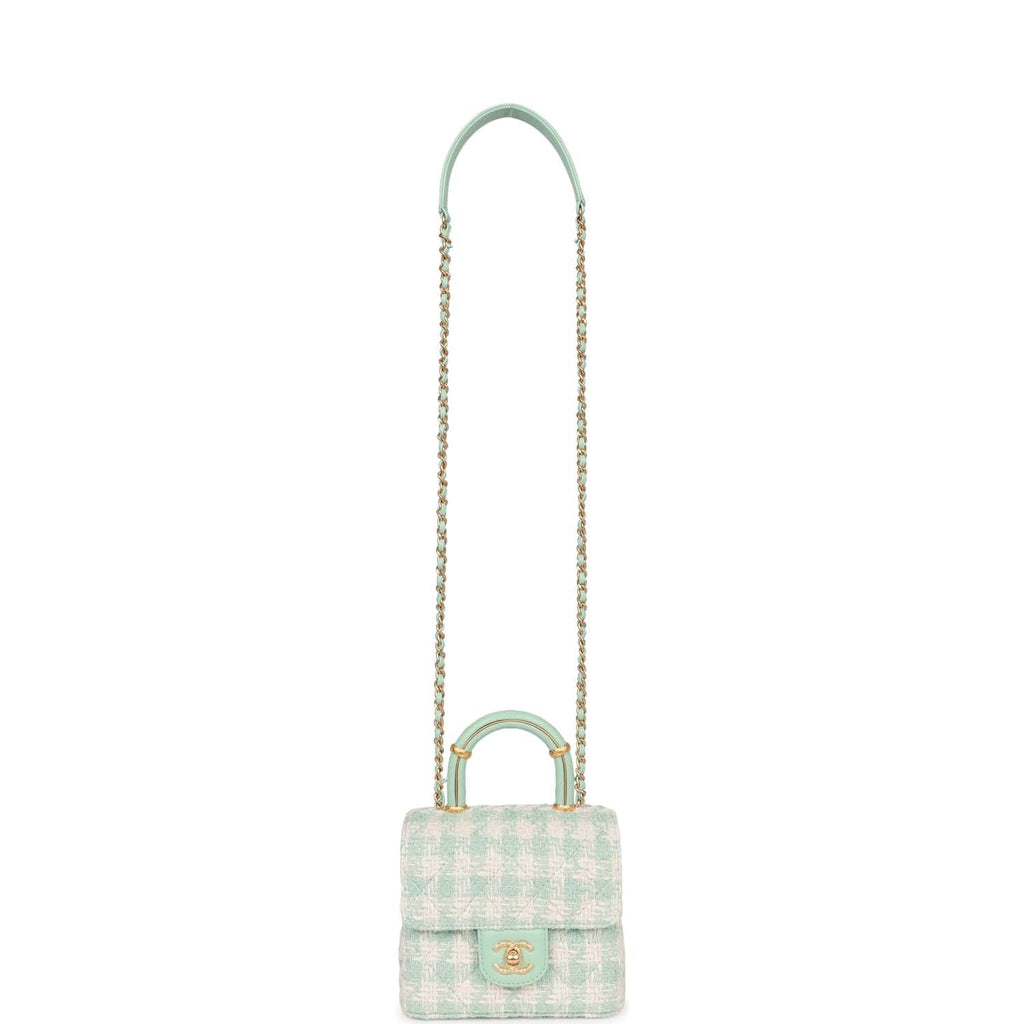 Chanel Mini Square Flap with Top Handle Turquoise and Ecru Tweed Antique Gold Hardware - Image 8