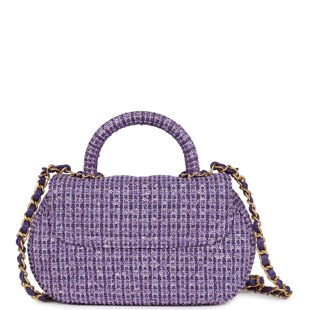 Chanel Mini Sequin Flap Bag with Top Handle Purple Tweed Antique Gold Hardware - Image 6