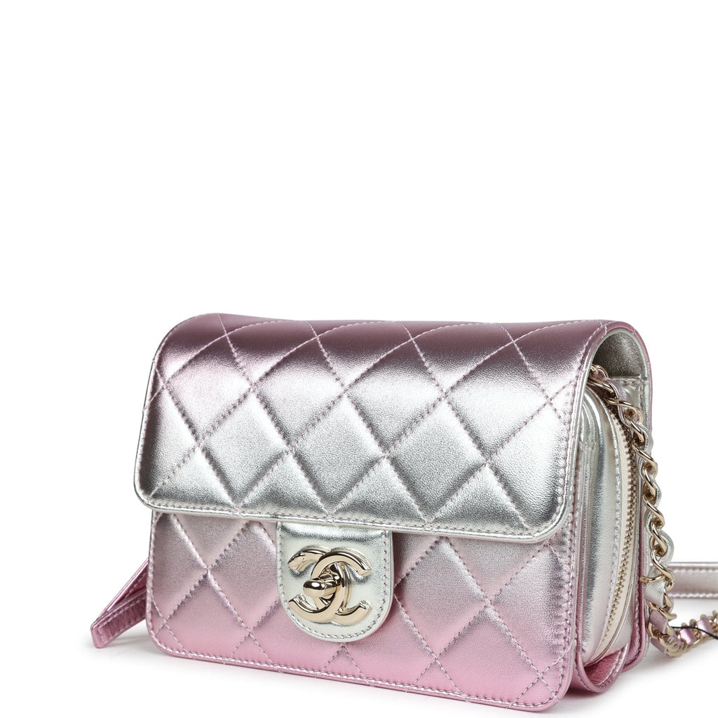 Chanel Mini Flap Bag Pink and Silver Metallic Lambskin Light Gold Hardware - Image 5
