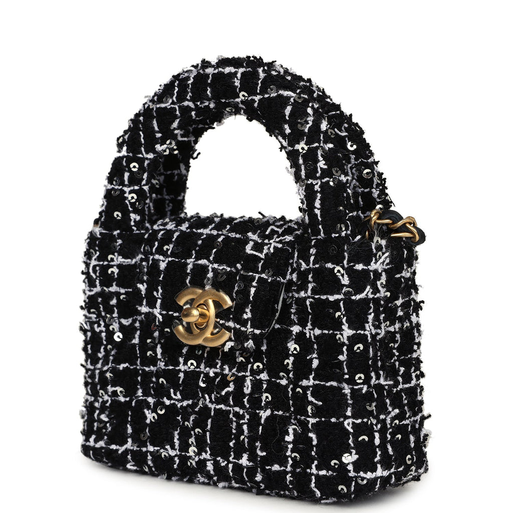 Chanel Nano Kelly Shopper Black, White & Silver Sequin Tweed Brushed Gold Hardware - Image 6