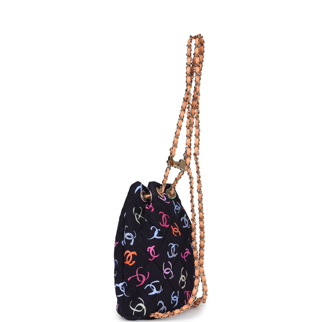 Chanel Medium CC Drawstring Backpack Multicolored Printed Fabric Light Gold Hardware - Image 9