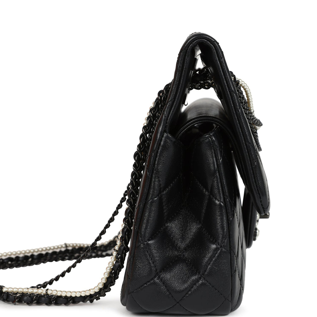 Chanel Large Double Flap Bag with Pearl Cut Out Handle Black Shiny Lambskin Black Hardware - Image 4