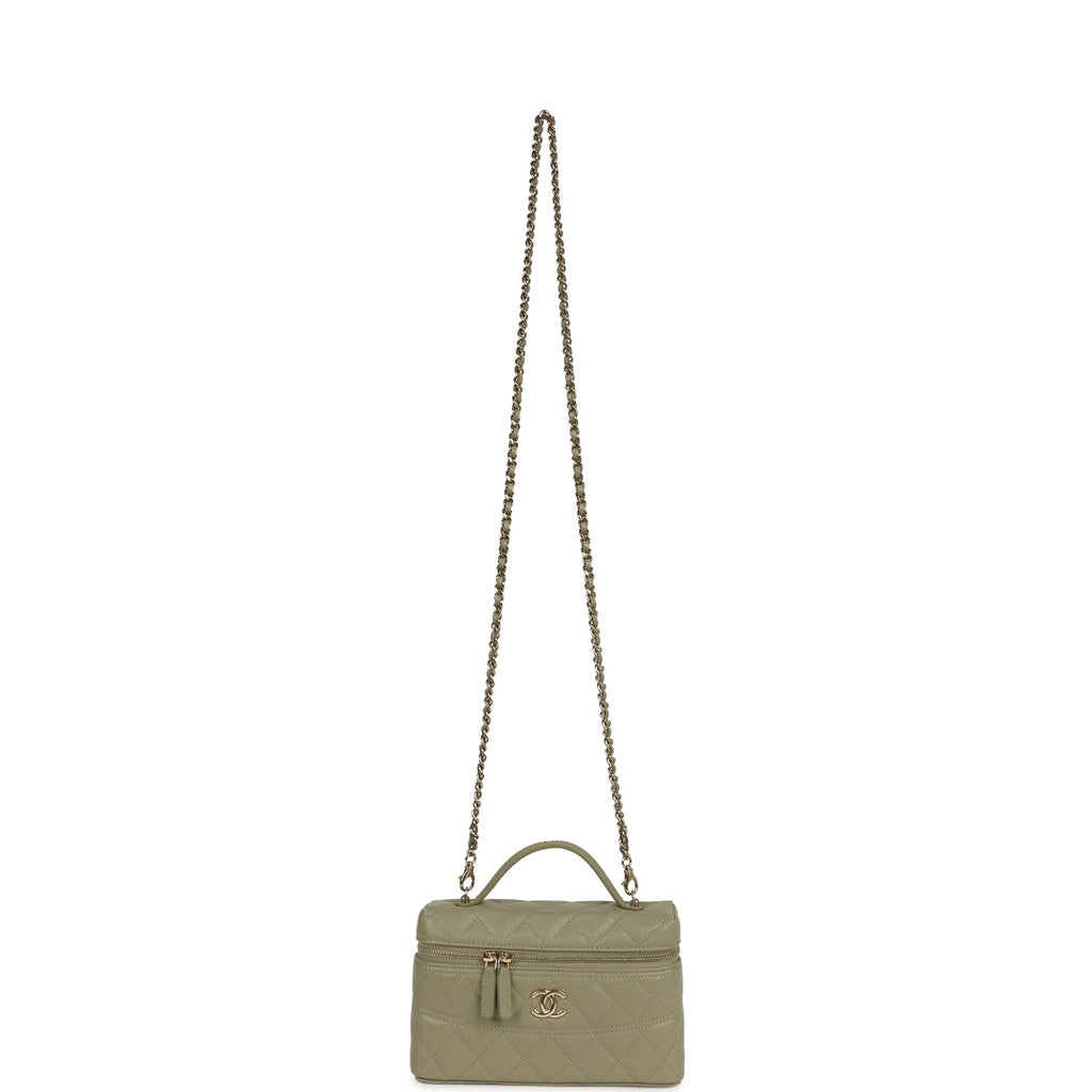Chanel Trendy Top Handle Long Vanity Case with Chain Khaki Caviar Light Gold Hardware - Image 8