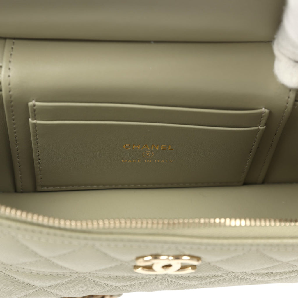 Chanel Trendy Top Handle Long Vanity Case with Chain Khaki Caviar Light Gold Hardware - Image 10