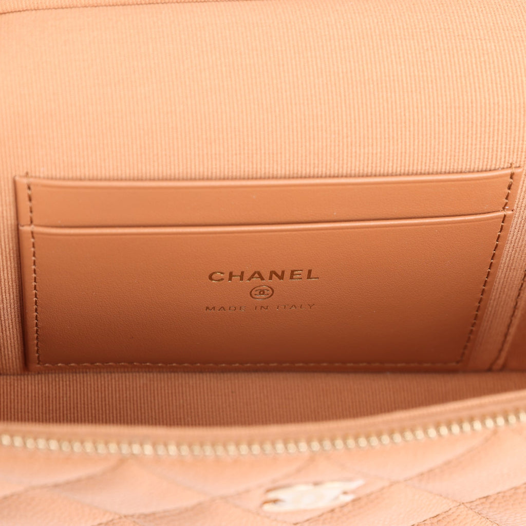Chanel Top Handle Long Vanity Case with Chain Caramel Shiny Caviar Light Gold Hardware - Image 10