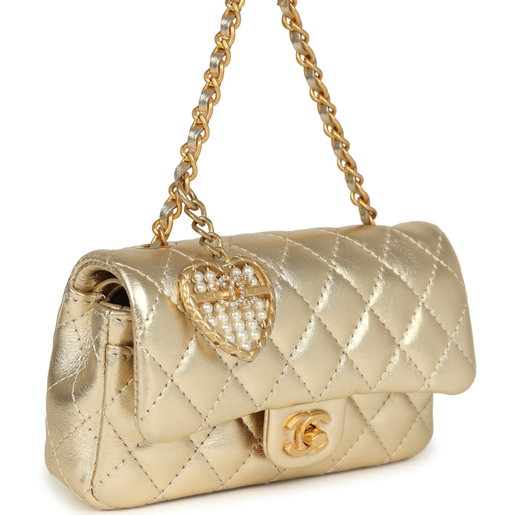 Chanel Nano Classic Double Flap Bag Charm Gold Metallic Calfskin Brushed Gold Hardware - Image 3