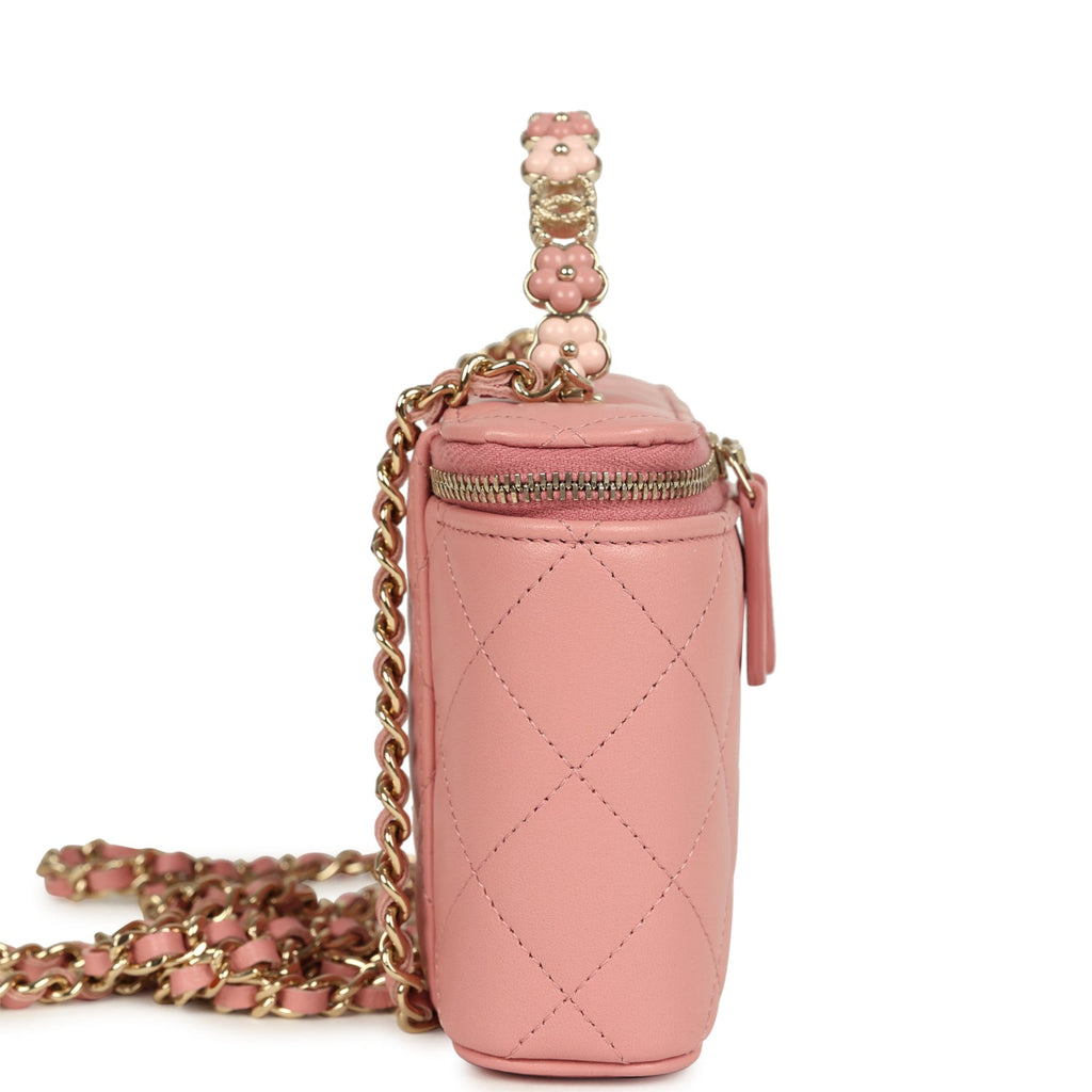 Chanel Flower Top Handle Long Vanity Case with Chain Pink Lambskin Light Gold Hardware - Image 4