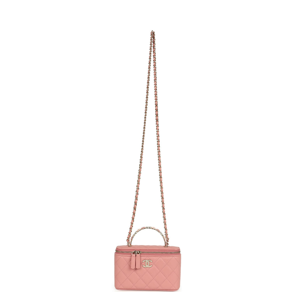 Chanel Flower Top Handle Long Vanity Case with Chain Pink Lambskin Light Gold Hardware - Image 8
