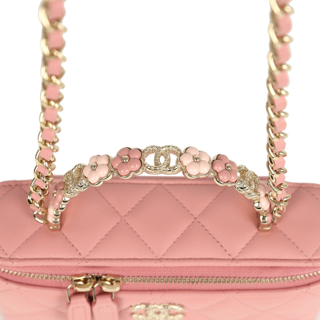 Chanel Flower Top Handle Long Vanity Case with Chain Pink Lambskin Light Gold Hardware - Image 9
