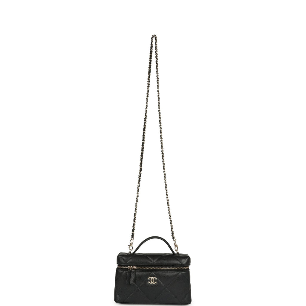 Chanel Top Handle Slim Vanity Case with Chain Black Shiny Caviar Light Gold Hardware - Image 8
