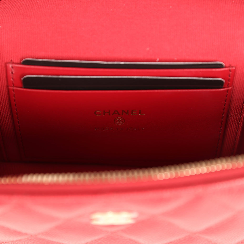 Chanel Top Handle Long Vanity Case with Chain Red Shiny Caviar Light Gold Hardware - Image 9
