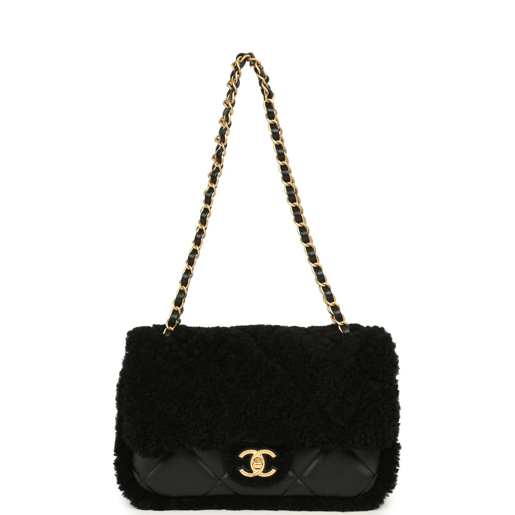 Chanel Medium Shearling Flap Bag Black Lambskin Brushed Gold Hardware - Image 8