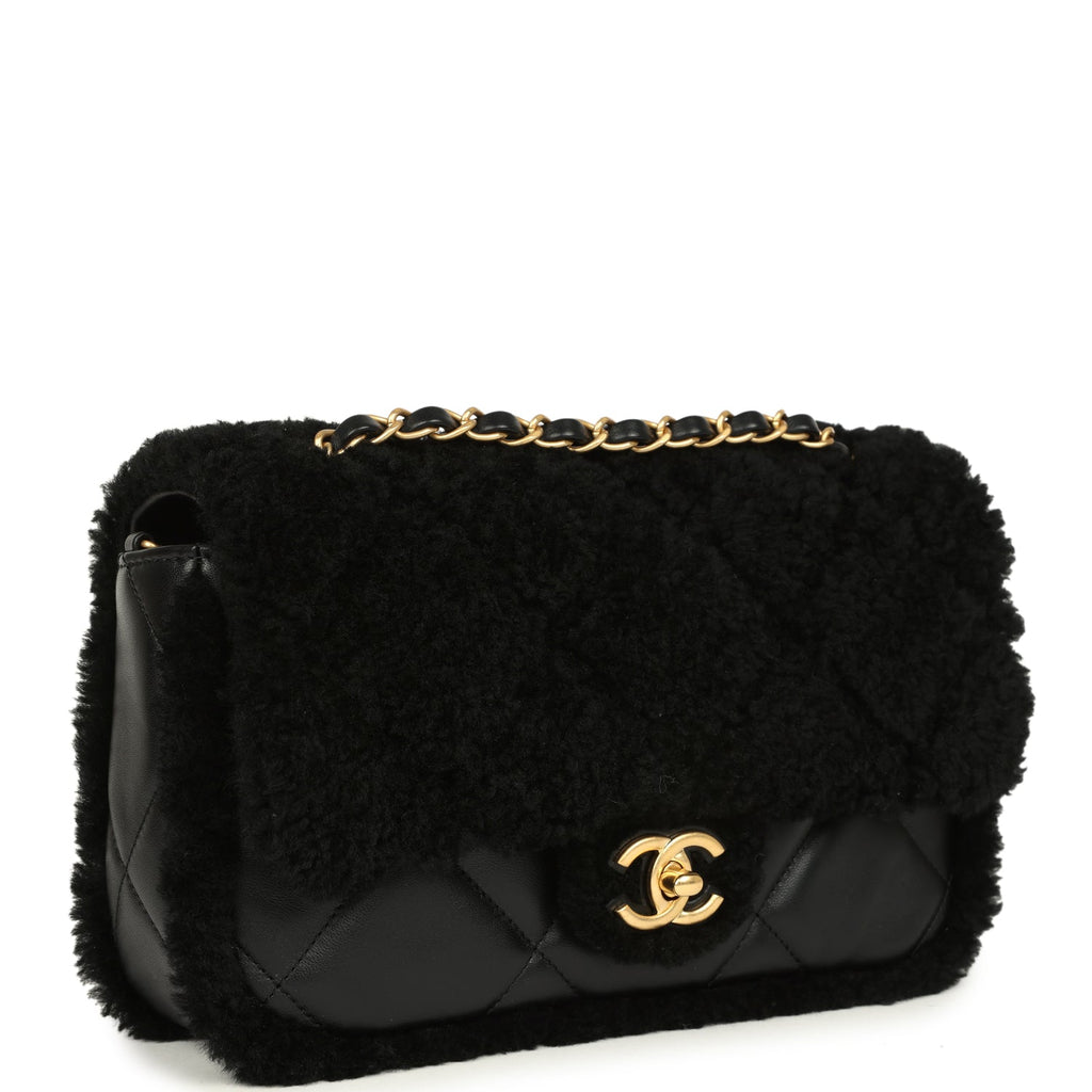 Chanel Medium Shearling Flap Bag Black Lambskin Brushed Gold Hardware - Image 3