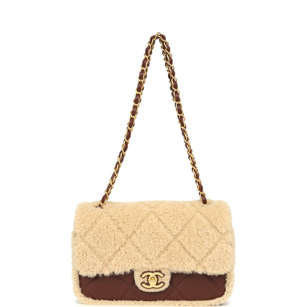 Chanel Medium Shearling Flap Bag Dark Brown Lambskin and Beige Shearling Brushed Gold Hardware - Image 8