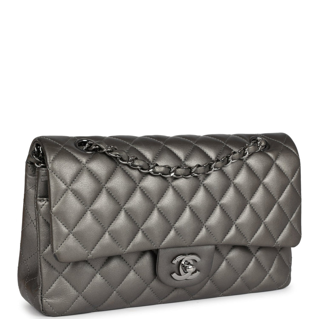 Pre-owned Chanel Medium Classic Double Flap Bag Metallic Grey Lambskin Silver Hardware - Image 3