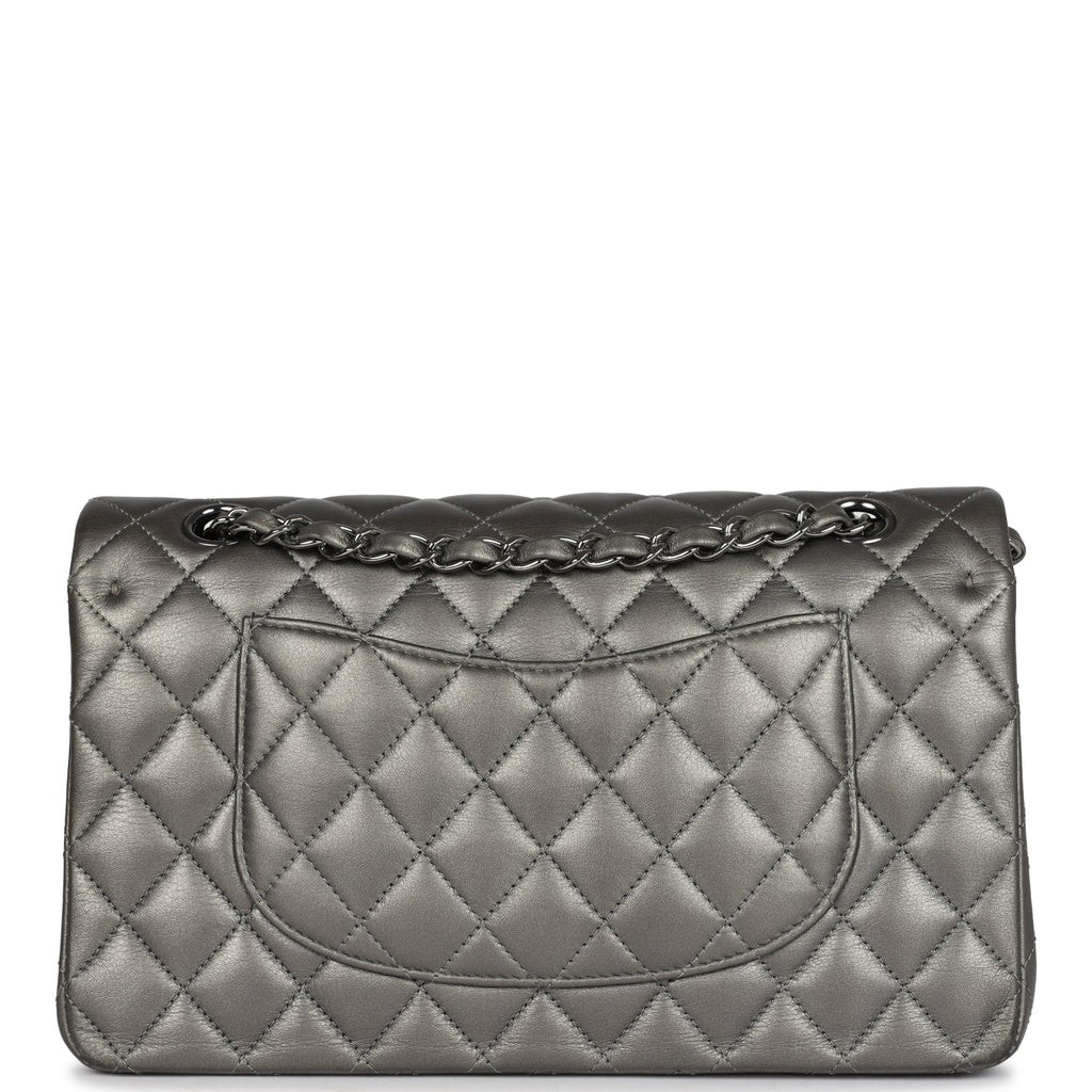 Pre-owned Chanel Medium Classic Double Flap Bag Metallic Grey Lambskin Silver Hardware - Image 5
