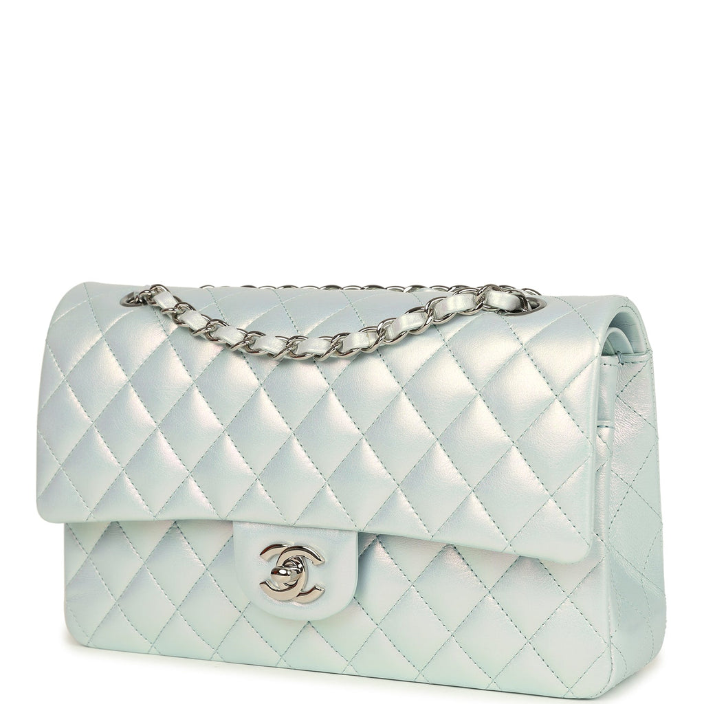Pre-owned Chanel Medium Classic Double Flap Bag Light Blue Iridescent Calfskin Silver Hardware - Image 6