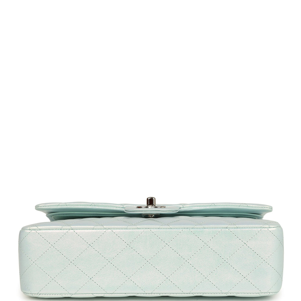 Pre-owned Chanel Medium Classic Double Flap Bag Light Blue Iridescent Calfskin Silver Hardware - Image 9