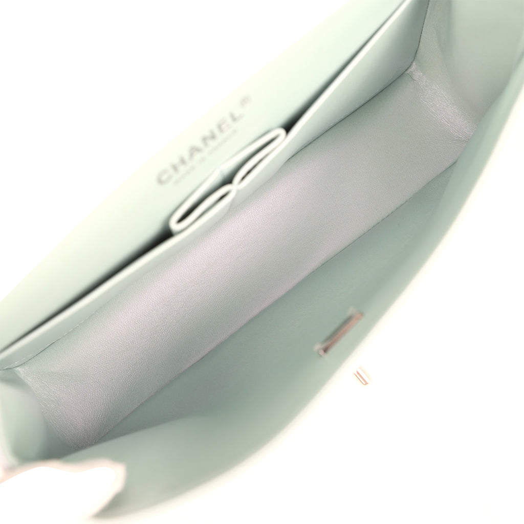 Pre-owned Chanel Medium Classic Double Flap Bag Light Blue Iridescent Calfskin Silver Hardware - Image 11