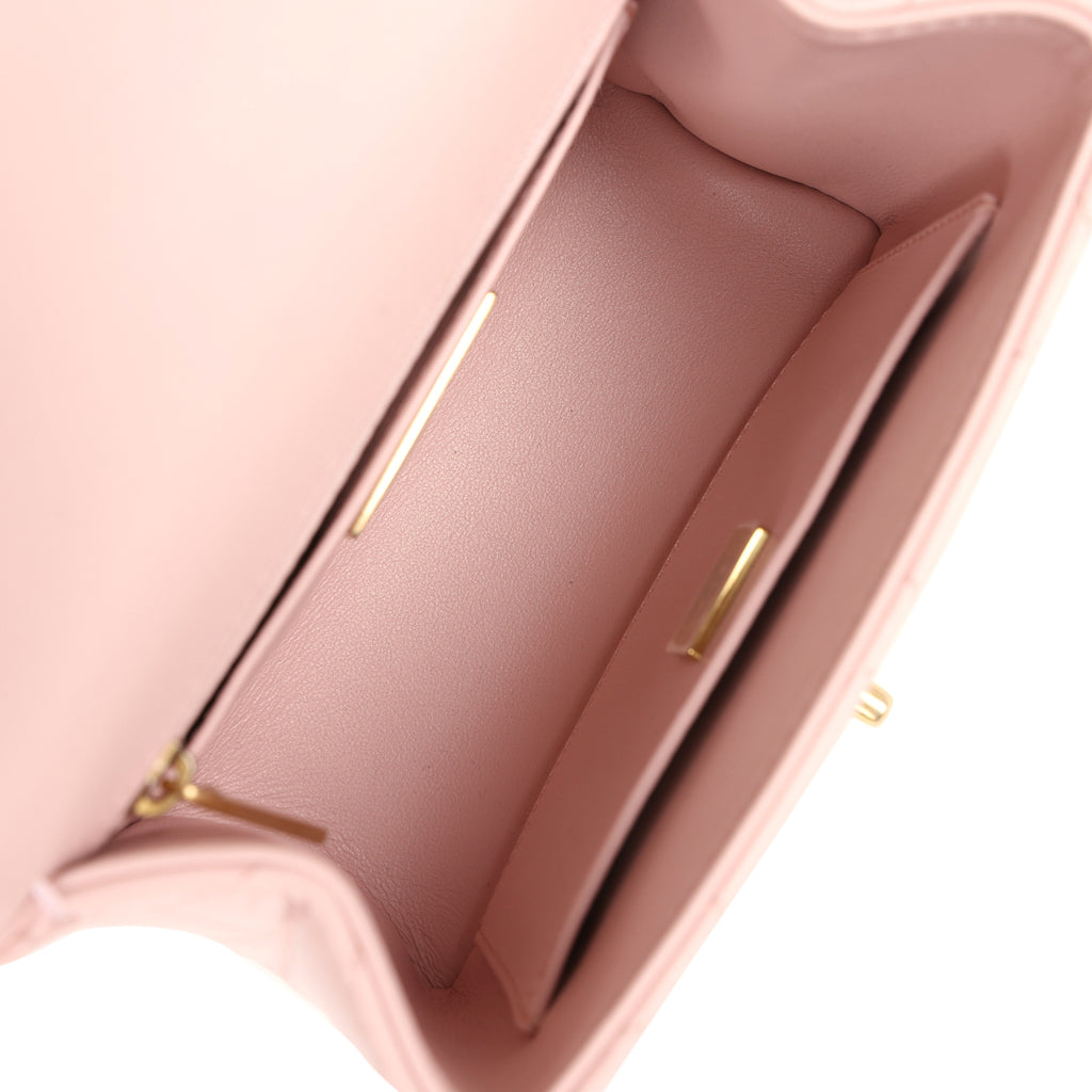 Chanel Mini Square Top Handle Flap Light Pink Lambskin Antique Gold Hardware - Image 9