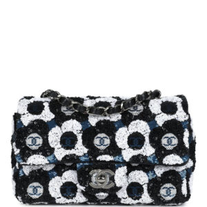 Chanel Mini Rectangular Flower Flap Bag Black, Navy and White Sequin Ruthenium Hardware