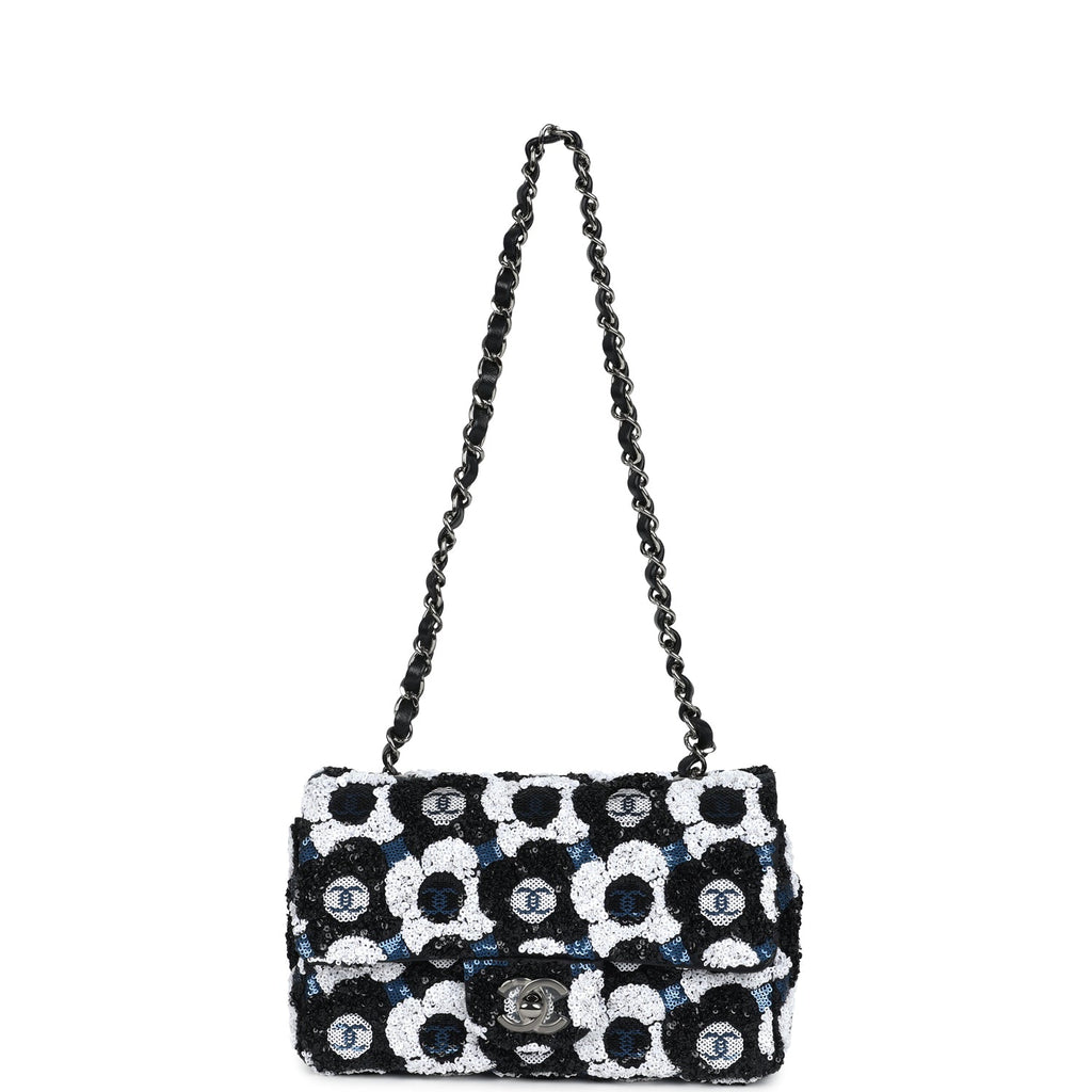 Chanel Mini Rectangular Flower Flap Bag Black, Navy and White Sequin Ruthenium Hardware - Image 8