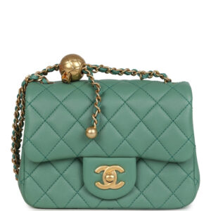 Chanel Mini Square Pearl Crush Flap Bag Green Lambskin Antique Gold Hardware