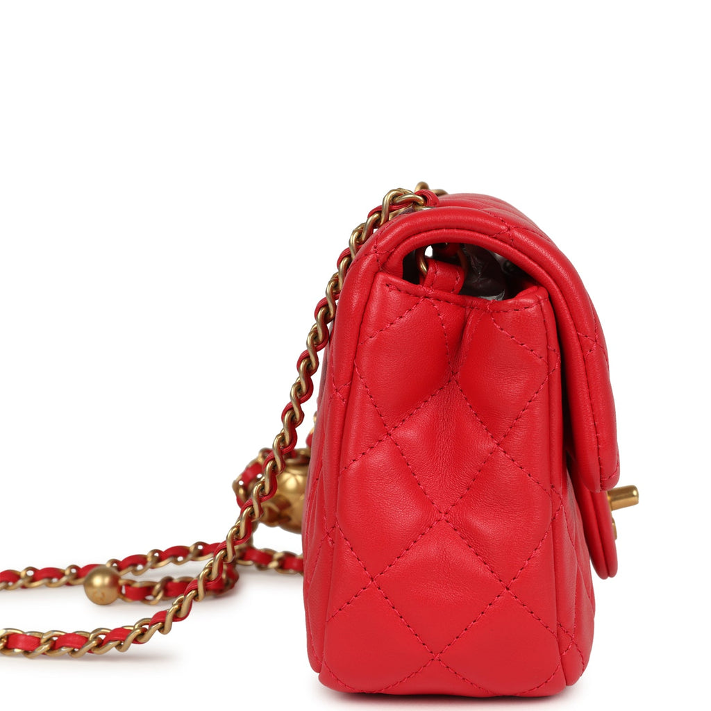 Pre-owned Chanel Mini Pearl Crush Rectangular Flap Bag Red Lambskin Brushed Gold Hardware - Image 4