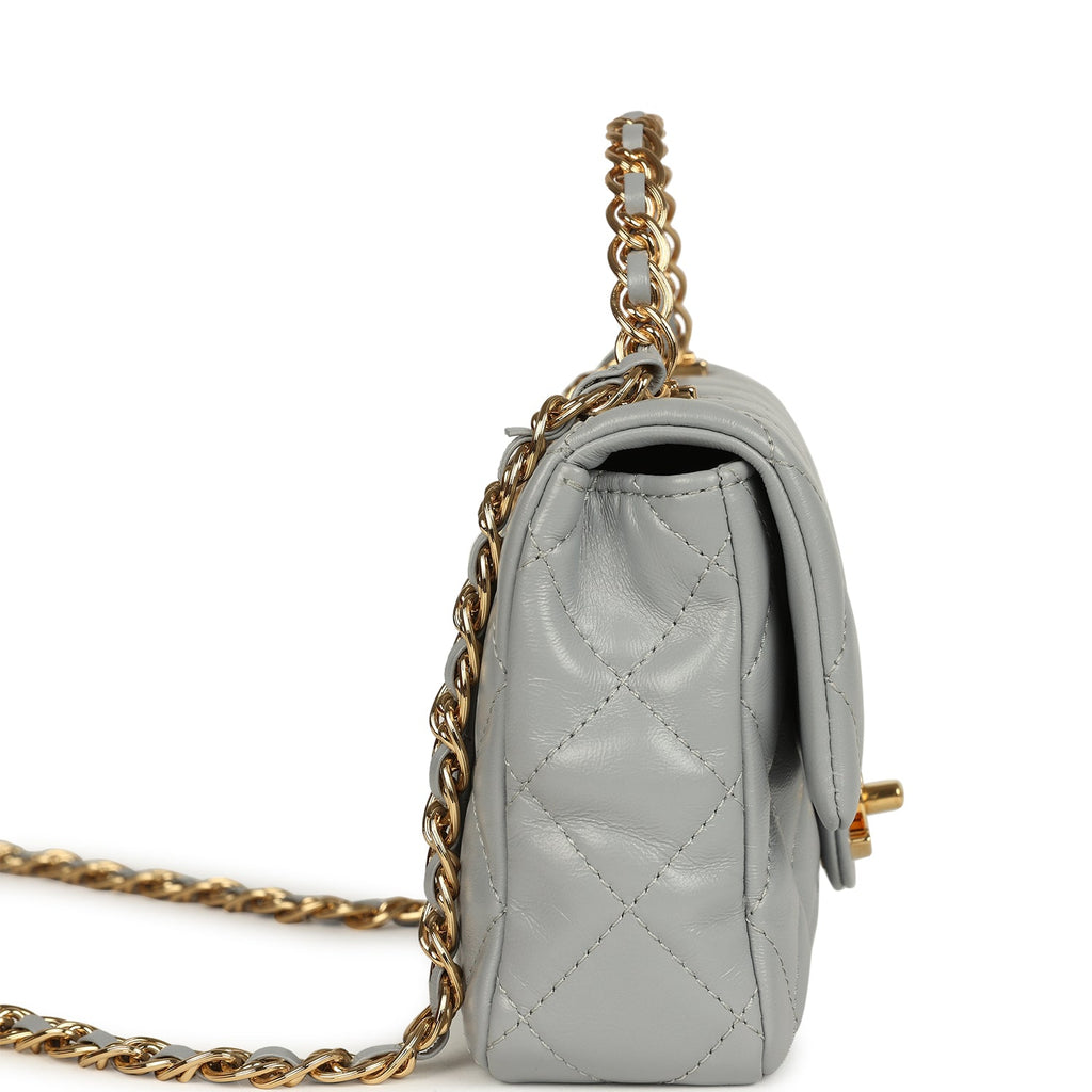 Pre-owned Chanel Mini CC Rectangular Flap Bag with Top Handle Light Grey Lambskin Gold Hardware - Image 4