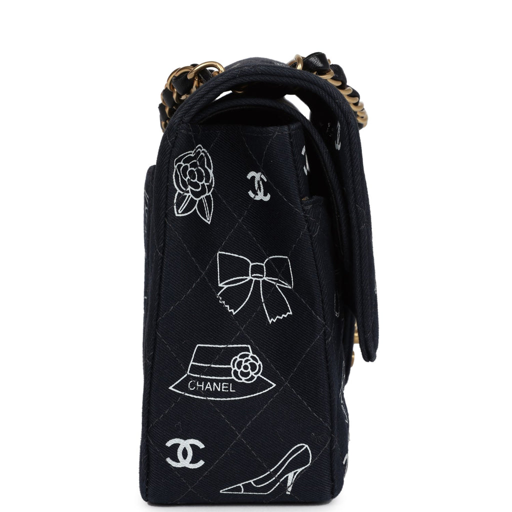 Vintage Chanel Medium Icon Print Double Flap Bag Navy Canvas Brushed Gold Hardware - Image 4