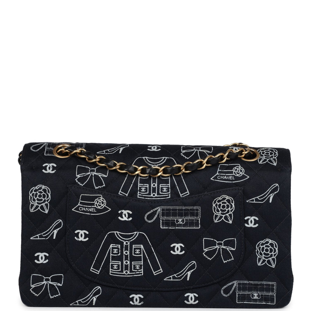 Vintage Chanel Medium Icon Print Double Flap Bag Navy Canvas Brushed Gold Hardware - Image 5
