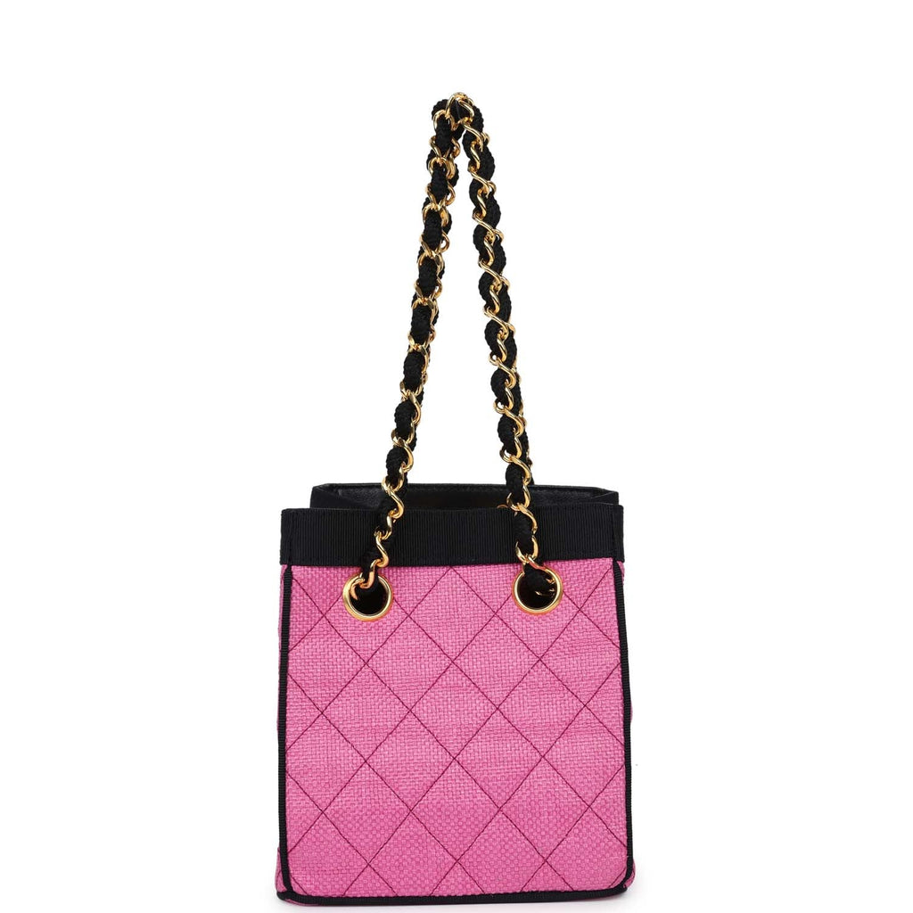 Vintage Chanel Set of Two Mini Bucket Bag & Oval Handbag Pink and Black Raffia Gold Hardware - Image 3