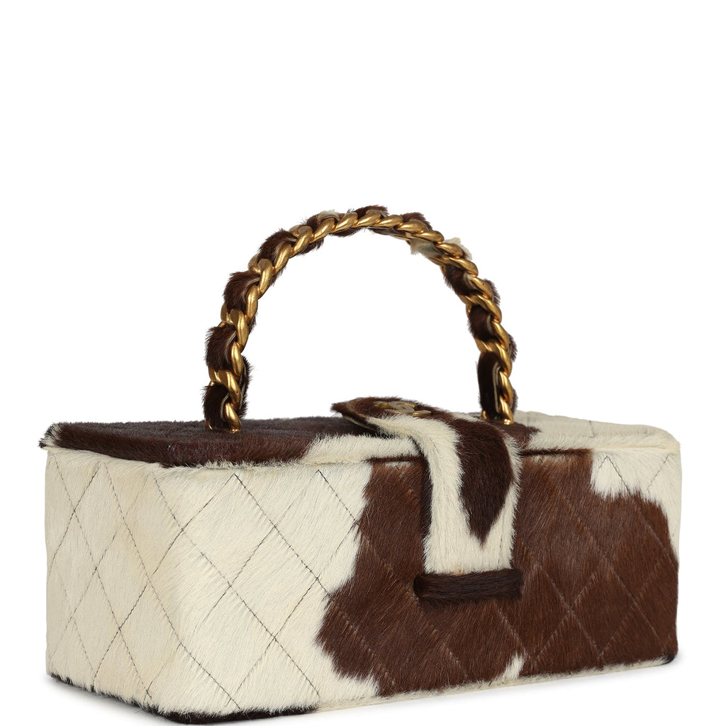 Vintage Chanel Rectangular Vanity Box Brown and White Cow Print Pony Hair Antique Gold Hardware - Image 3