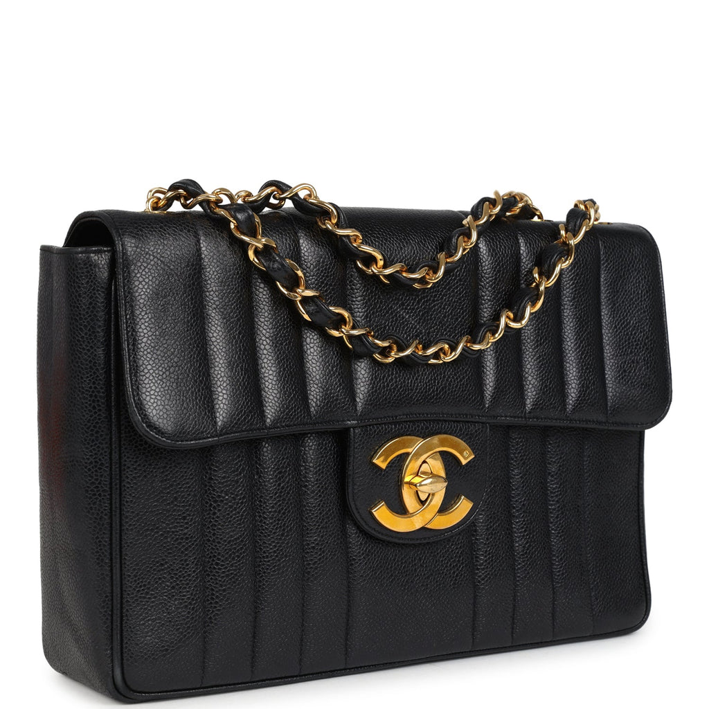 Vintage Chanel Jumbo Classic Mademoiselle Vertical Flap Black Caviar Gold Hardware - Image 3