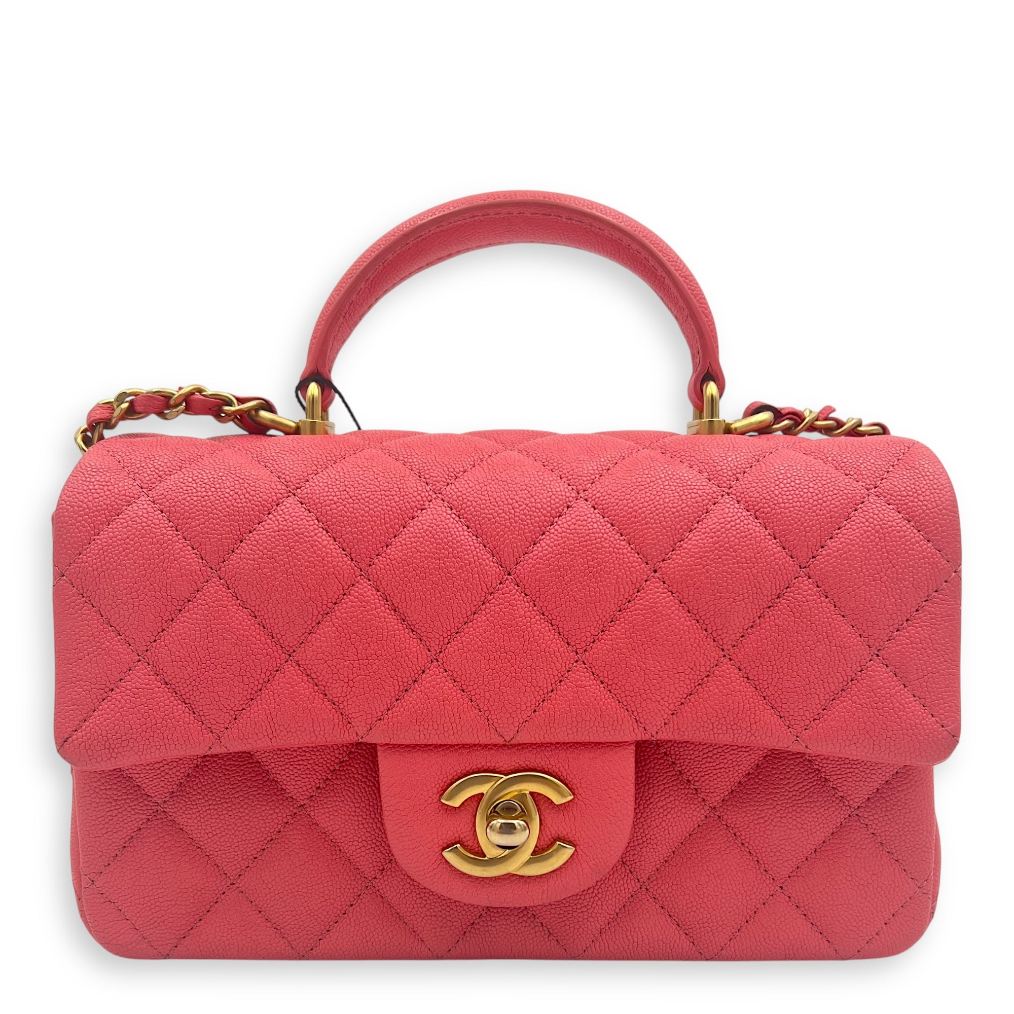 Rectangle Flap Mini Pink Top Handle Bag in Caviar Leather, Brushed Gold hardware