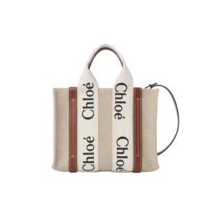 Chloé Small Woody Tote Bag Linen canvas Calfskin With Chloé Logo - MB021