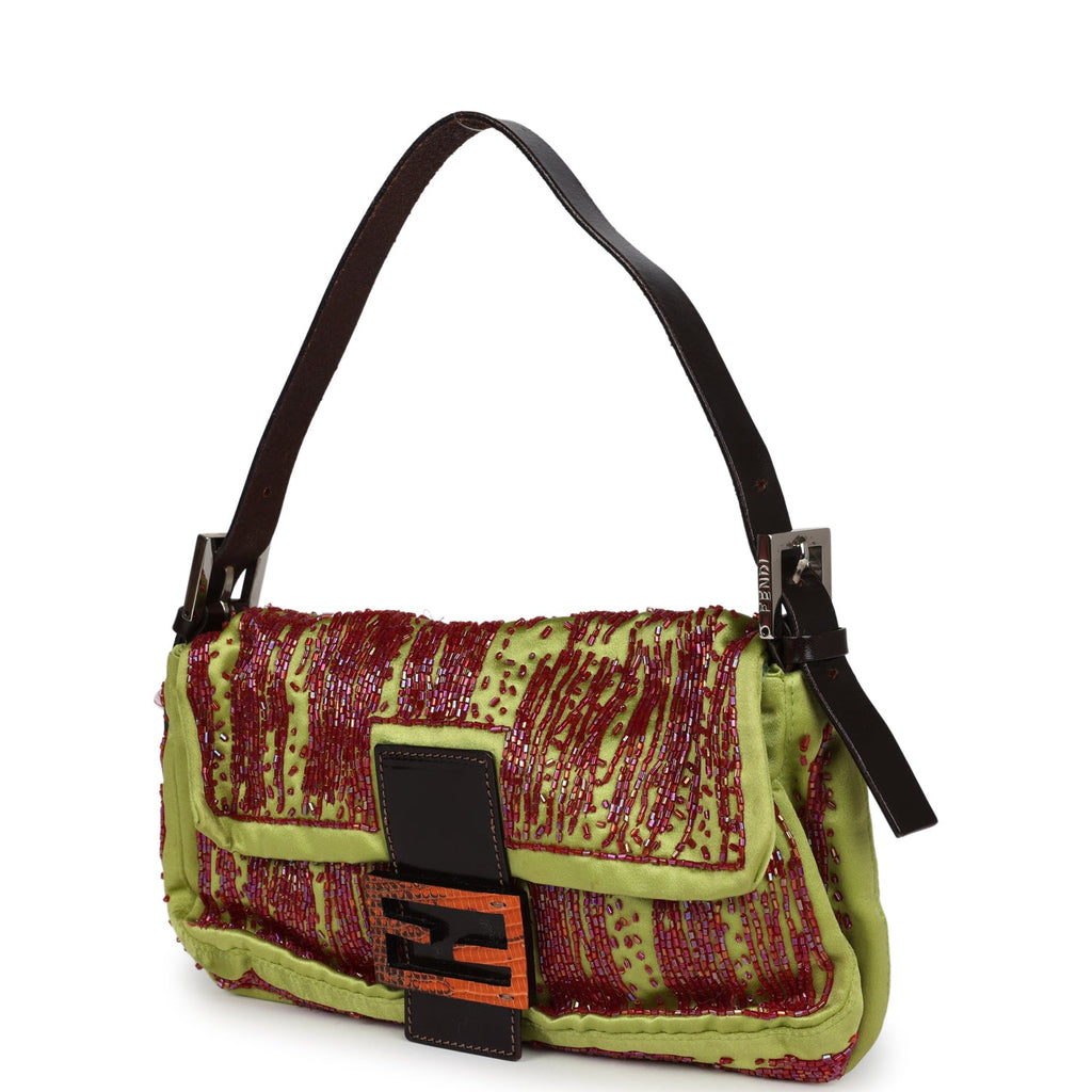 Vintage Fendi Baguette Bag Green and Red Beaded Satin Orange Python Silver Hardware - Image 6